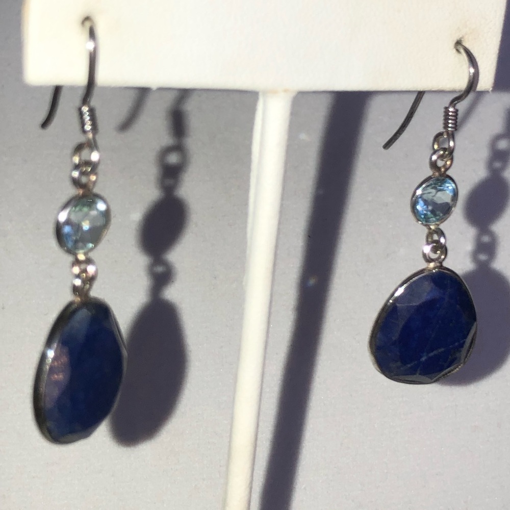 Faceted Lapis & Blue Topaz Gemstones in Sterling Silver Earrings - Picture 5 of 7